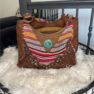 Bohemian Turquoise Concho Brown Leather & Multicolor Stripe Shoulder Bag